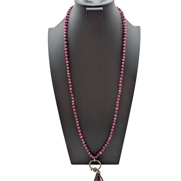 Lucky Brand Boho Wine Crystal Rhinestone Leather Tassel 34"-35.5" Necklace - Picture 2 of 8